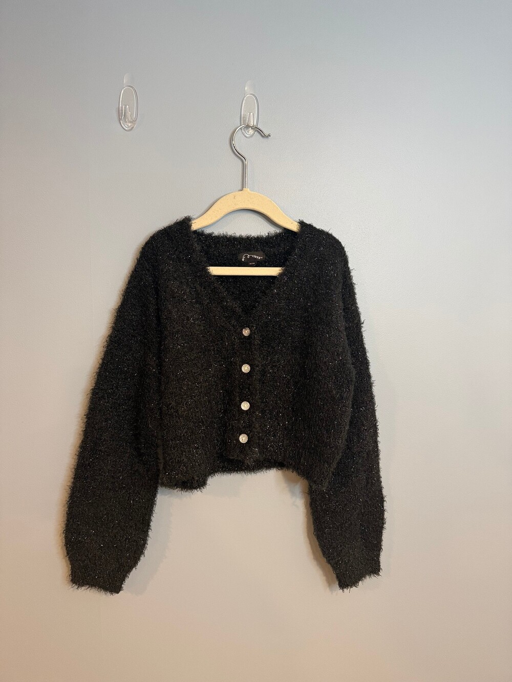 Classy Medium Black Fuzzy Knit Cardigan with Rhinestone Buttons